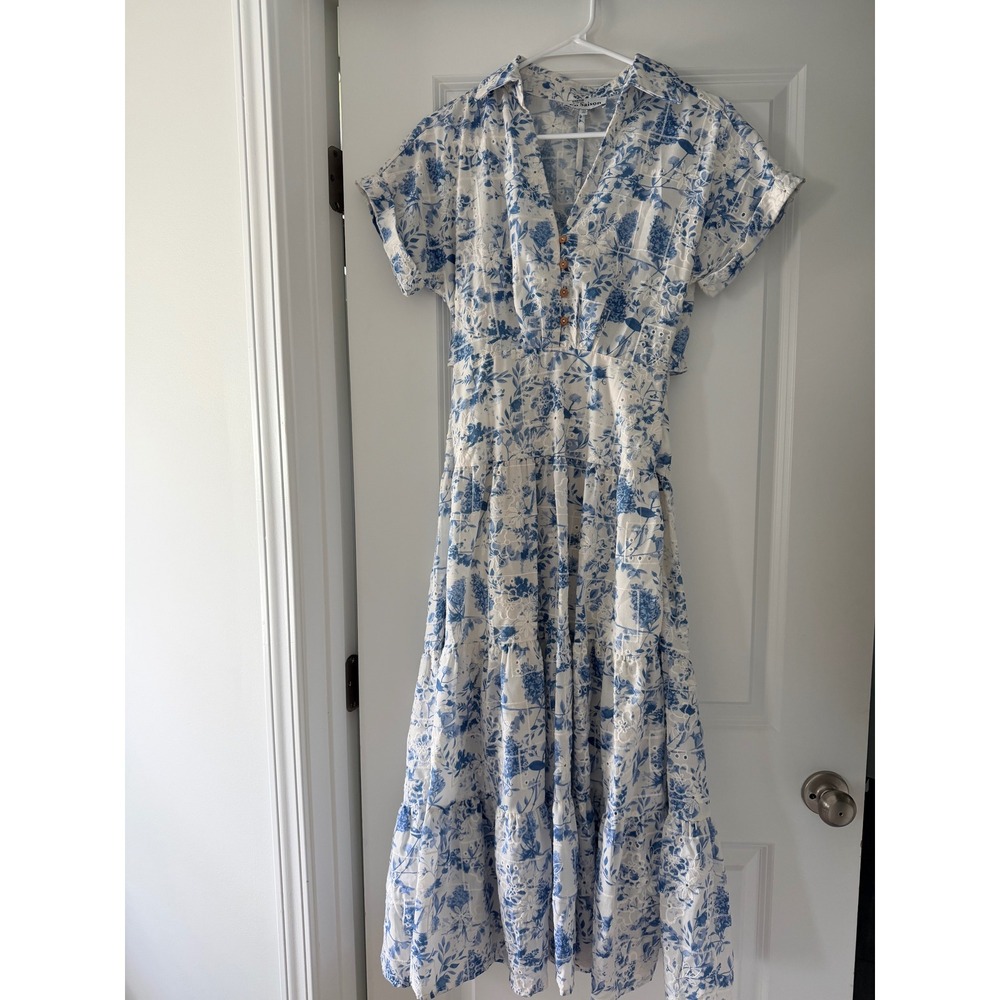 En Saison Blue White Floral Toile Eyelet Midi Dress Back Cutout XS